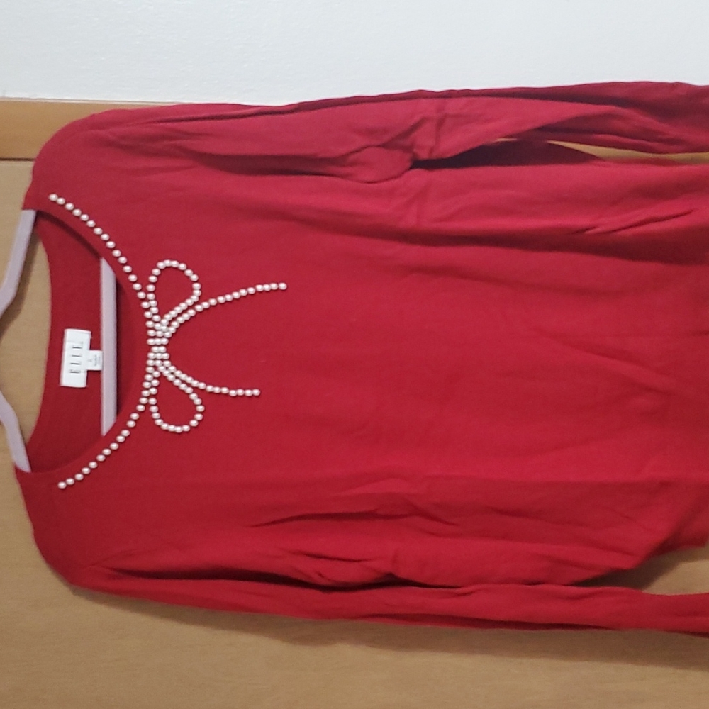 ELLE Red Sweater with Faux Pearl Bow